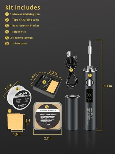 Cordless Soldering Iron Kit Micro Portable Soldering Kit Rechargeable USB-C Electric Soldering Pen Fast Heating Auto Sleep/Off Soldering Gun Kit for Electronics Repair Jewelry DIY