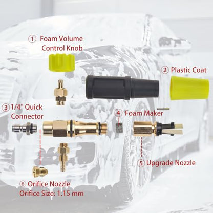 M MINGLE High Pressure Washer Gun Snow Foam Lance, 4000 PSI Cannon Foam Blaster Power Washer with 1/4" Quick Connector, Car Wash Foam Cannon Kit with 5 Pressure Washer Nozzle Tips, 1 Liter - color: yellow