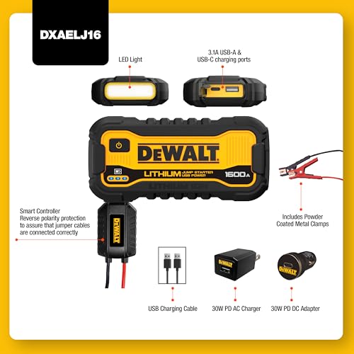 DeWalt DXAELJ16 1600 Peak Amp Jump Starter Battery Booster with USB Power Station - size: 1600 Peak Amp