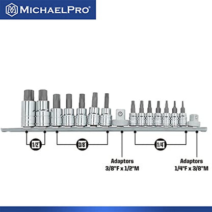 MichaelPro 16-Piece Torx Bit Socket Set with Rail, 1/4'', 3/8'' and 1/2'' Drives, T8 - T70, High Torque Resistant S2 Steel, Socket Adapters and Rail Organizer Included - MP012022 - size: 16Pc Torx