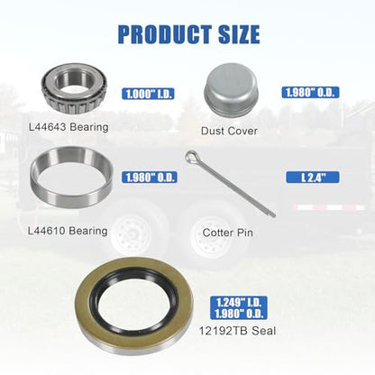 2 Sets Trailer Wheel Hub Bearings Kit L44643/L44610 Bearings (1.000" ID, OD 1.980", Width 0.580"), 12192TB Grease Seals (1.980" OD), Dust Cover and Cotter Pin for 1'' Trailer Axles