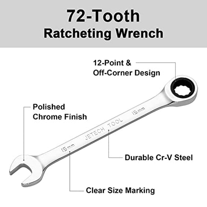 Jetech 15mm Ratcheting Combination Wrench, Metric, 72-Tooth Gear, Industrial Grade, 12-Point Box End, Chrome Vanadium Steel, Fully Polished - size: 15mm