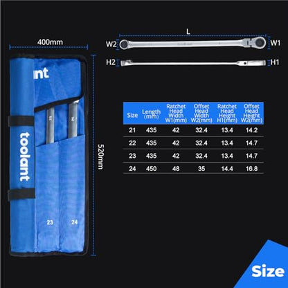 toolant 4PCS Extra Long Ratcheting Wrench Set, Gift for Men, Flex Head & Fixed Offset Head Double Box End Combination Wrench Set, CR-V Steel, Metric 21-24mm, 4PCS with Rolling Pouch - size: 4 PCS (21-24 mm)