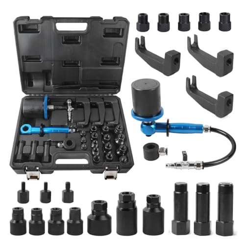 Pneumatic Injector Puller 27PCS for Diesel Engine, Air Vibration Injector Extractor with Handle, Labor-Saving Injectors Removal Tool Set with High Impact Extractor Hammer Puller, 18 Adapters, 3 Hooks - color: Black