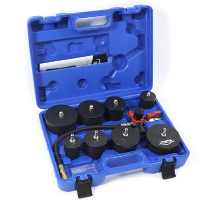 Turbo System Leakage Tester Kit, Turbo Pressure Leakage Tester for Cooling Emissions Exhaust Pipes, 9-Piece Turbo Boost Leak Tester Set with Stepped Adapters 1-3/8" to 3-1/2"