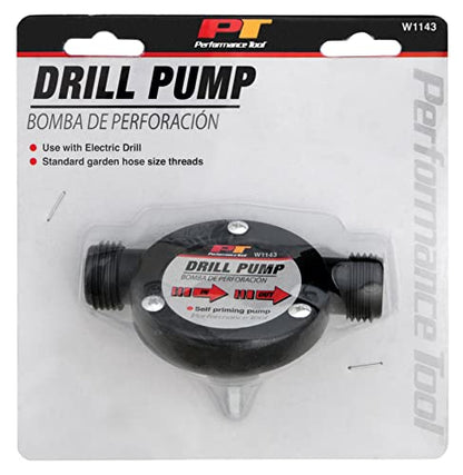 Performance Tool W1143 Liquid Transfer Pump for Corded/Cordless Drills - 225 GPH, 3/4-Inch Max Hose Diameter, Self-Priming, Corrosion-Resistant Shaft