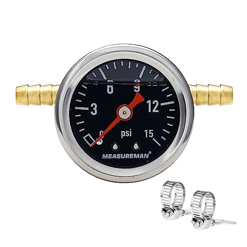 MEASUREMAN Fuel Pressure Gauge Kit 0-15Psi Stainless Steel Glycerin Filled, 1-1/2" Black Dial Size, with 5/16" Fuel Line Fuel Pressure Brass T-Fitting Adapter, Center Back Mount - size: 0-15 psi, style: Back Mount T-Fitting Adapter (Black Dial)