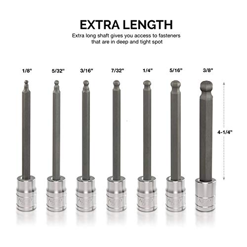 Neiko 10244A 3/8-Inch-Drive Extra-Long Ball-End Hex-Bit Socket Set, SAE Sockets 1/8" to 3/8", S2 Steel, 7-Piece Set - size: 7 Piece, Ball-End, style: SAE