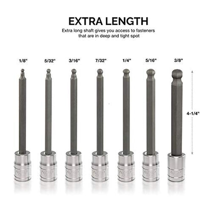 Neiko 10244A 3/8-Inch-Drive Extra-Long Ball-End Hex-Bit Socket Set, SAE Sockets 1/8" to 3/8", S2 Steel, 7-Piece Set - size: 7 Piece, Ball-End, style: SAE