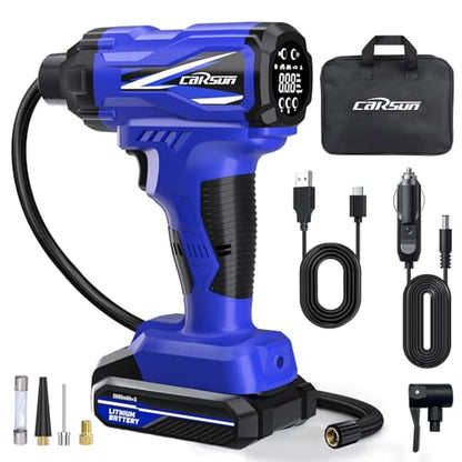 CARSUN Tire Inflator Portable Air Compressor, 150PSI Cordless Tire Pump with DC 12V/Battery Dual Power Supplies, Portable Handheld Air Pump, Digital Pressure Gauge for Car Tires, Bicycles, Balls, Blue