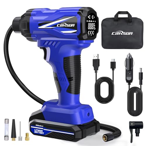 CARSUN Tire Inflator Portable Air Compressor, 150PSI Cordless Tire Pump with DC 12V/Battery Dual Power Supplies, Portable Handheld Air Pump, Digital Pressure Gauge for Car Tires, Bicycles, Balls, Blue