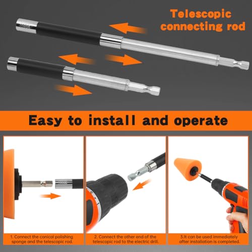5PCS Drill Polishing Cone Set, Car Wheel Polisher Sponge Pad Kit with Long Extension Pole & Cleaning Brush, Buffing Cone for 1/4" Hex Drill, Car Rim and Metal Surface Polishing Tool