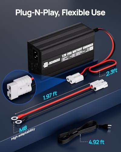 DC House 12V 20A Lithium Battery Charger, 14.6V LiFePO4 Charger with Battery Quick Connector & LED Indicator, Smart 300W Fast Charging for 12V Boat/RV Battery, Solar Systems, Off Grid, Homes