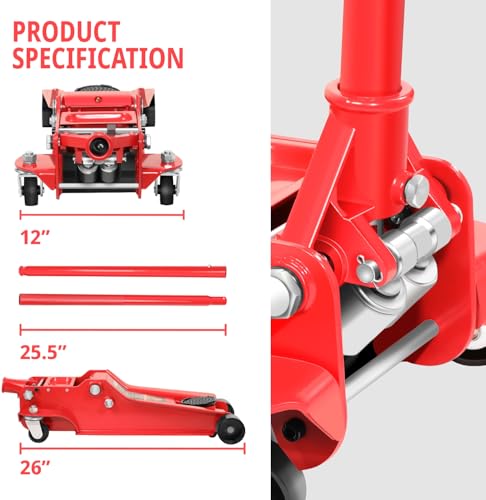 PM PERFORMOTOR Low Profile Hydraulic Trolley Service/Floor Jack, 4 Ton (8000 lbs) Capacity, Lifting Range 4.5"-20", Red, PM-TOL-FJ40-RD - color: Red