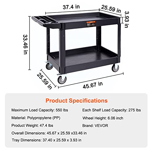 VEVOR Utility Service Cart 2 Shelf 550 lbs Heavy Duty Plastic Rolling Cart | Heavy Duty Utility Cart with 360° Swivel Wheels, Large Lipped Shelf, Ergonomic Storage Handle for Warehouse/Garage/Cleaning - size: 25.59"D x 45.67"W x 33.46"H