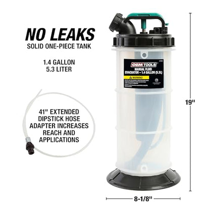 OEMTOOLS Manual Fluid Extractor Pump, 5.3L Oil Extractor, 5-Foot Hose | 41" Extended Dipstick Hose Adapters, Oversized Handle, Overflow Shutoff Valve, Leak Proof Bottom for Low Viscosity Fluids - size: 5.3 Liter