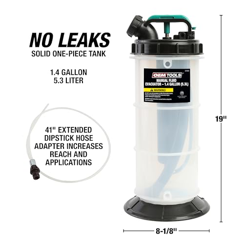 OEMTOOLS Manual Fluid Extractor Pump, 5.3L Oil Extractor, 5-Foot Hose | 41" Extended Dipstick Hose Adapters, Oversized Handle, Overflow Shutoff Valve, Leak Proof Bottom for Low Viscosity Fluids - size: 5.3 Liter