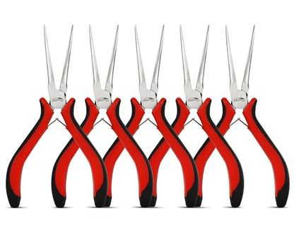 5-Pack 5.5-Inch Long Needle Nose Pliers, Mini Jewelry Pliers | Spring loaded fine tip jaws precision pliers for jewelry making, electronics, 3D printing, DIY, Craft & Repairing