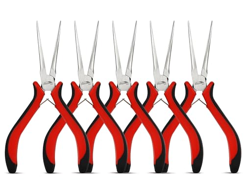 5-Pack 5.5-Inch Long Needle Nose Pliers, Mini Jewelry Pliers | Spring loaded fine tip jaws precision pliers for jewelry making, electronics, 3D printing, DIY, Craft & Repairing