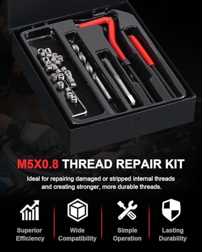 Kolvoii M5 x 0.8 Helicoil Thread Repair Kit, Metric Helicoil Kit | Restore M5 x 0.8 threads with stainless inserts, drill, tap and tools for aluminum parts, bikes and small engine repair - size: M5X0.8