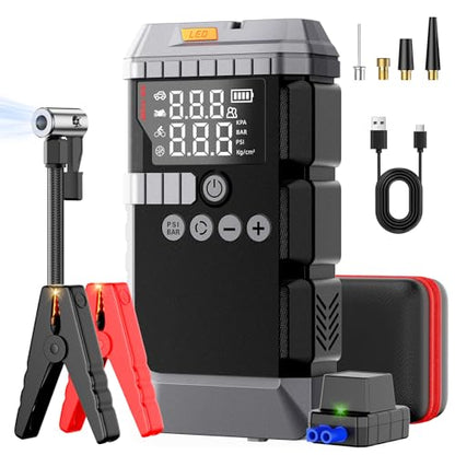 Portable Car Battery Jump Starter with Air Compressor (All Gas/12L Diesel) | 6000A Car Battery Booster with 45W Fast Charge,160PSI Auto-Shut Off Tire Inflator,LED Light, Jumper Cables,Golves - color: Black