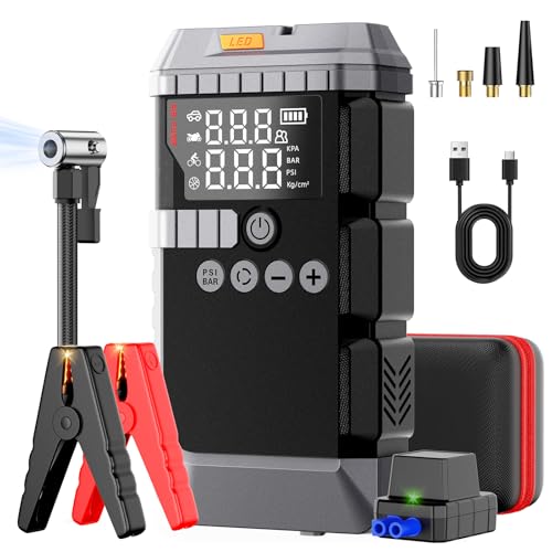 Portable Car Battery Jump Starter with Air Compressor (All Gas/12L Diesel) | 6000A Car Battery Booster with 45W Fast Charge,160PSI Auto-Shut Off Tire Inflator,LED Light, Jumper Cables,Golves - color: Black