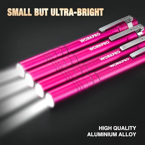 WORKPRO LED Pen Light, Aluminum Pen Flashlights, Pocket Flashlight with Clip for Inspection, Emergency, Everyday, 2AAA Batteries Include, Pink(4-Pack) - color: Pink
