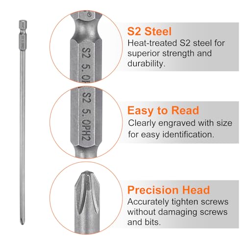 HARFINGTON 5pcs #2 Phillips Screwdriver Bit PH2 1/4" Hex Shank 8" (200mm) Long Magnetic S2 Steel Industrial Grade Screw Driver Bit Cross Head Electric Drill Bits 0.197" (5mm) Rod - size: PH2 x 200mm x 5mm
