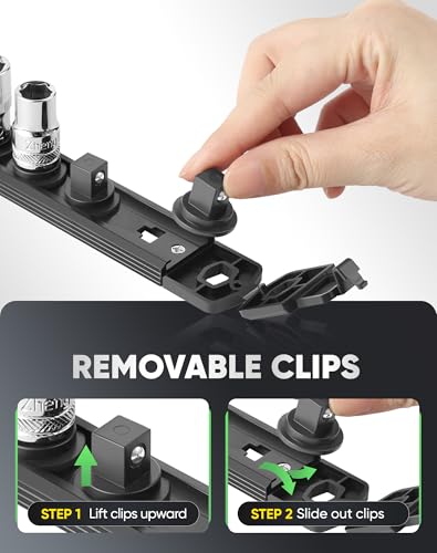 ALOANES Magnetic Socket Organizer Set, 3-Piece Heavy Duty Aluminum Socket Rails, 360° Swivel Clips Socket Rail Kit for Tool Tray Drawer Fit 1/2, 3/8, 1/4-Inch x 40 Clips (Black, 3PC)
