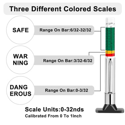 Tire Tread Depth Gauge Kit (4 Pack) - 1/32 Inch High-Accuracy Metal Pencil with Clip - Includes Valve Caps & Portable Bag for Car, Truck, SUV, Motorcycle, Bike