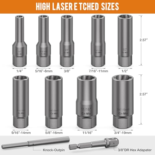 XEWEA 11PCS Deep Spiral Bolt Extractor Kit, Bolt & Nut Remover Easy-Out Set | Deep Socket Tools For Removing Broken, Frozen, Rusted, Rounded-Off Bolts, Studs, Nuts & Screws,Friendly Narrow Spaces - size: 11PCS
