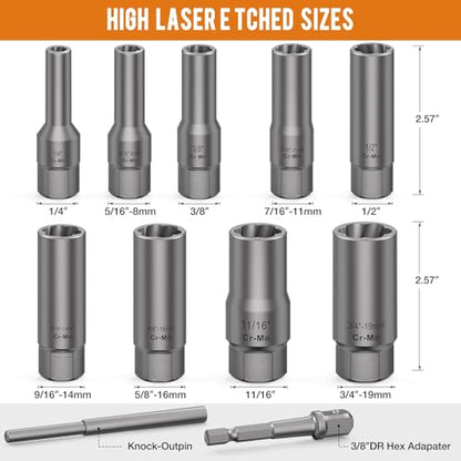 XEWEA 11PCS Deep Spiral Bolt Extractor Kit, Bolt & Nut Remover Easy-Out Set | Deep Socket Tools For Removing Broken, Frozen, Rusted, Rounded-Off Bolts, Studs, Nuts & Screws,Friendly Narrow Spaces - size: 11PCS