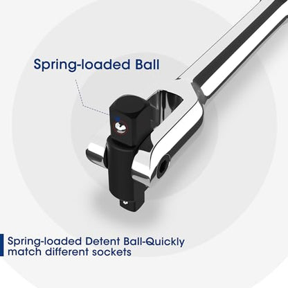 WORKPRO Dual Drive Breaker Bar, 3/8" & 1/2" Drive, Heavy Duty Breaker Bars, 24-inch Length with 360° Rotatable Head, Spring-loaded Detent Ball, Chrome Vanadium Steel Made - color: Silver, size: 24" × Dual Drive 3/8"+1/2"