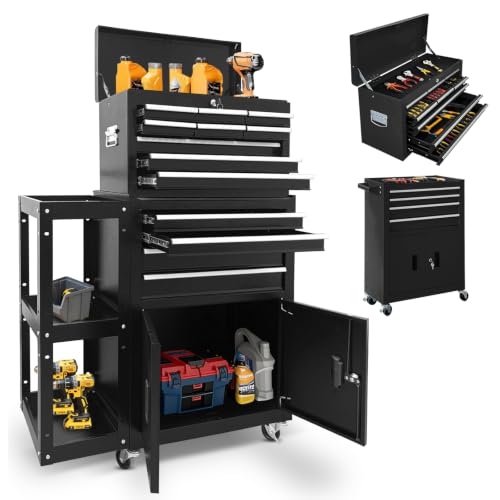 13-Drawer Rolling Tool Chest with Side Shelf, 2-in-1 Detachable Tool Cabinet, Heavy-Duty Metal Tool Box with Lock, Wheels & Open Storage, Large Rolling Tool Organizer for Garage Workshop-Black - color: With Side Storage Black