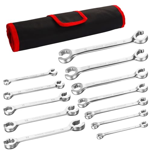 BILITOOLS 12-Piece Flare Nut Wrench Set, SAE & Metric, 6-21mm | Chrome Vanadium Steel, 12-Point Grip, SAE 1/4"-7/8", Metric 6-21mm, Includes Storage Pouch
