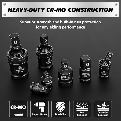SWANLAKE GARDEN TOOLS 7-Piece Impact Swivel Socket Adapter Set, 1/4" 3/8" 1/2" Drive Universal Joint Socket Set CR-MO Steel, Wobble Joint Sockets Reducer with Magnetic Aluminum Sockets Rail - style: 7-Piece Socket Adapter