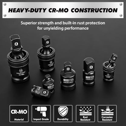 SWANLAKE GARDEN TOOLS 7-Piece Impact Swivel Socket Adapter Set, 1/4" 3/8" 1/2" Drive Universal Joint Socket Set CR-MO Steel, Wobble Joint Sockets Reducer with Magnetic Aluminum Sockets Rail - style: 7-Piece Socket Adapter