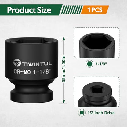 1-1/8" Impact Socket 1/2 Inch Drive for Easy Removal of Axle Nut | Heat-Treated CO-MO Steel Impact Socket, 6 Point Design, SAE, Axle Nut Socket for Automotive, Truck and Machinery Maintenance - size: 1-1/8" (Standard)