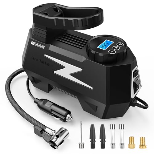 FADAKWALT Tire Inflator Portable Air Compressor, 12V DC Car Air Pump with Auto Shutoff, 150 PSI Digital Gauge, LED Light, Metal Valve Connector, Accessories for Cars, Large, Sliver - color: Silver