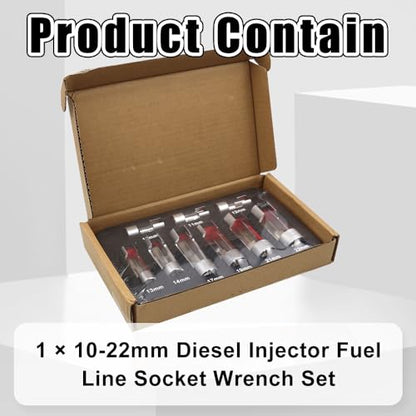 RULLINE 3/8" 1/2" Diesel Injector Fuel Line Socket Wrench Set 10-22mm for Thermo Switches, Fastener on Bent Pipes, EGT Sensor, ect.