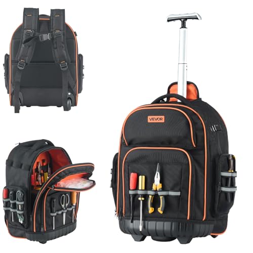 VEVOR Rolling Tool Backpack, 110 lbs Load Capacity, 45 Pockets Heavy Duty Roller Tool Bag on Wheels, Adjustable Telescoping Handle & Stable Base, Toolbag Organizers for Construction, Mechanic - style: Tool Backpack