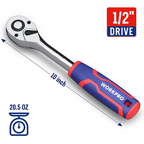 WORKPRO 1/2" Drive Ratchet Wrench, 72-Tooth Reversible | Quick-Release, CR-MO Head, Chrome Plated Finish, Ergonomic Non-Slip Handle - size: 1/2"