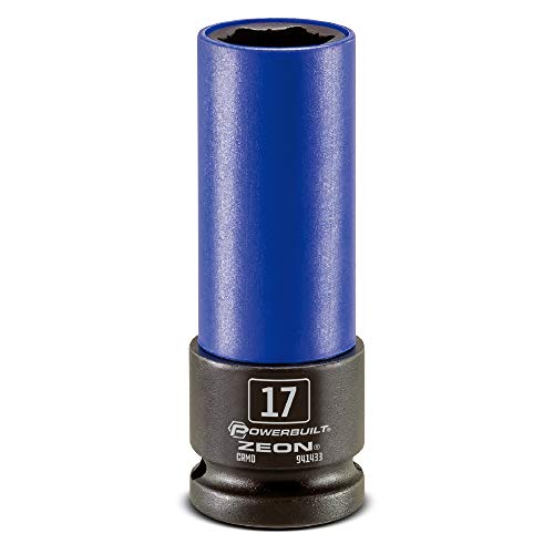 Powerbuilt 17mm Zeon Lug Nut Socket, 1/2" Drive – Impact Rated Chromoly Steel for Damaged & Rounded Lug Nuts, Patented Design Grips up to 85% Rounded, Includes Protective Wheel Saver Sleeve - 941433M - size: 17 mm