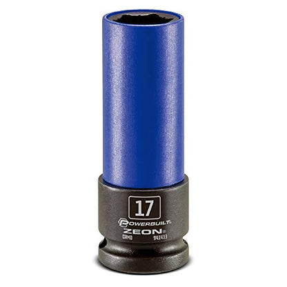 Powerbuilt 17mm Zeon Lug Nut Socket, 1/2" Drive – Impact Rated Chromoly Steel for Damaged & Rounded Lug Nuts, Patented Design Grips up to 85% Rounded, Includes Protective Wheel Saver Sleeve - 941433M - size: 17 mm
