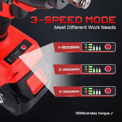 Cordless Impact Wrench 1/2", 1106 FT-lbs 1500Nm Brushless Impact Gun Compatible with Makita 18V Batteries, 2 * 5.0 Ah Multifunction Power Impact Driver for Home Car Truck Mower