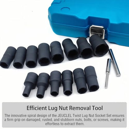 16PCS Twist Lug Nut Socket Set, 1/2" Drive Bolt Nut Extractor Tool | Metric, 8mm - 27mm Sockets, Center Punch Bar, Damaged Nut Lock Remover, Rusted, Stripped, Screws, Stuck Locking Nut Removal - color: 16pcs Lug Nut Extractor 1/2 Inch Drive