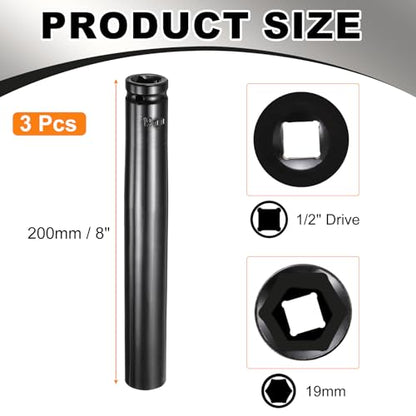 HARFINGTON 3pcs 6-Point Deep Impact Socket 1/2" Drive 19mm Metric Socket 7.6" (193mm) Extra Long Heat-Treated 45# Steel for Home Auto Spindle Axle Hex Nuts Bolts Repair, Black - size: 19mm + 7.6" Long