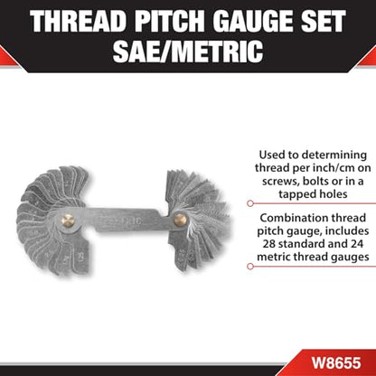 Performance Tool W8655 Combination Thread Pitch Gauge - Standard and Metric, 60 Degree Angle, Quality Construction for Accurate Readings.
