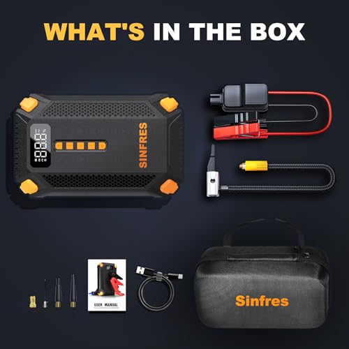 1000A 12V Jump Starter with Air Compressor, 150 PSI Tire Inflator | 1.8lb body for 6L gas/3L diesel engines with auto shut-off, LCD display, LED emergency light, USB power bank and storage case