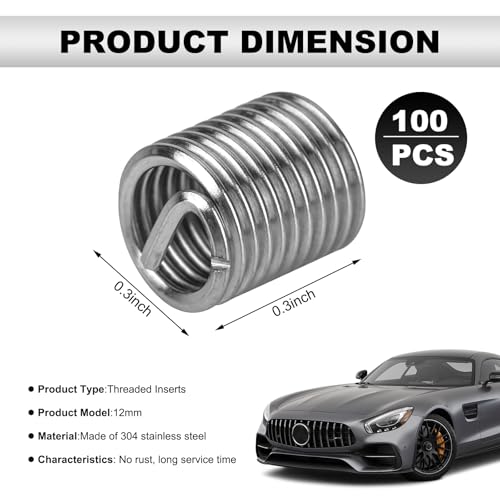 100PCS Thread Repair Insert, M6 × 1.0 × 2D Helicoil Metric Thread Sleeve Steel Sheaths Wire Thread Inserts, 304 Stainless Steel Helicoil Coiled Wire Screw Thread Repair Kit - color: 12mm